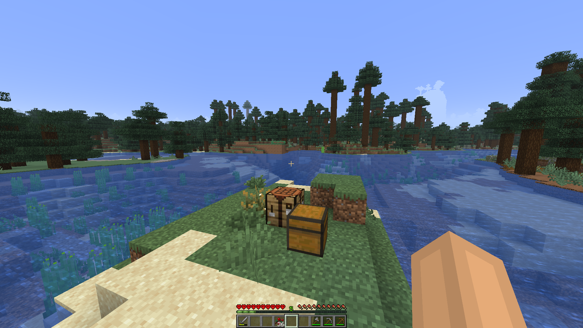 Minecraft 26.1.2 (post–new version format), with the mod “The Roads More Travelled”, in my lake island surrounded by the biome variant Old Growth Spruce Taiga with its mossy stones and fallen logs (Day 2)